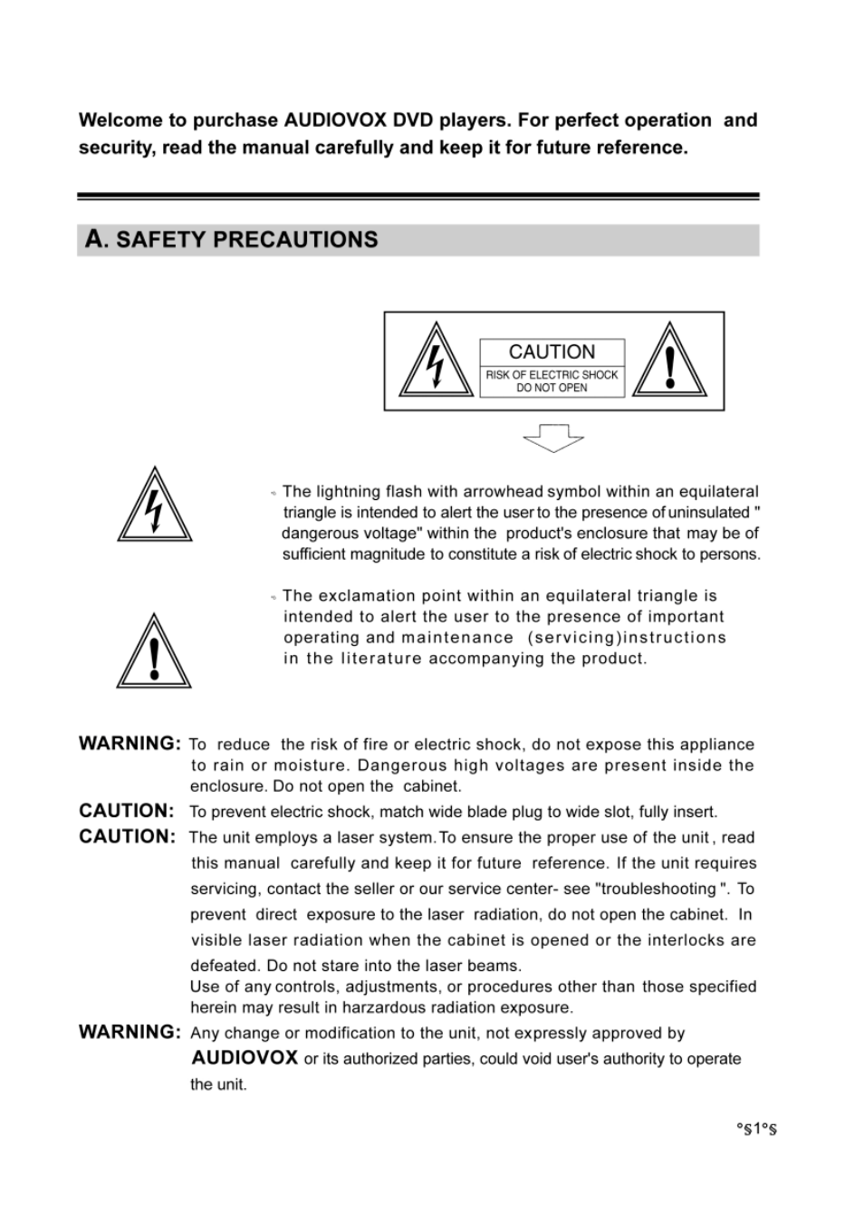 A. safety precautions | Audiovox DVD-220 User Manual | Page 2 / 38