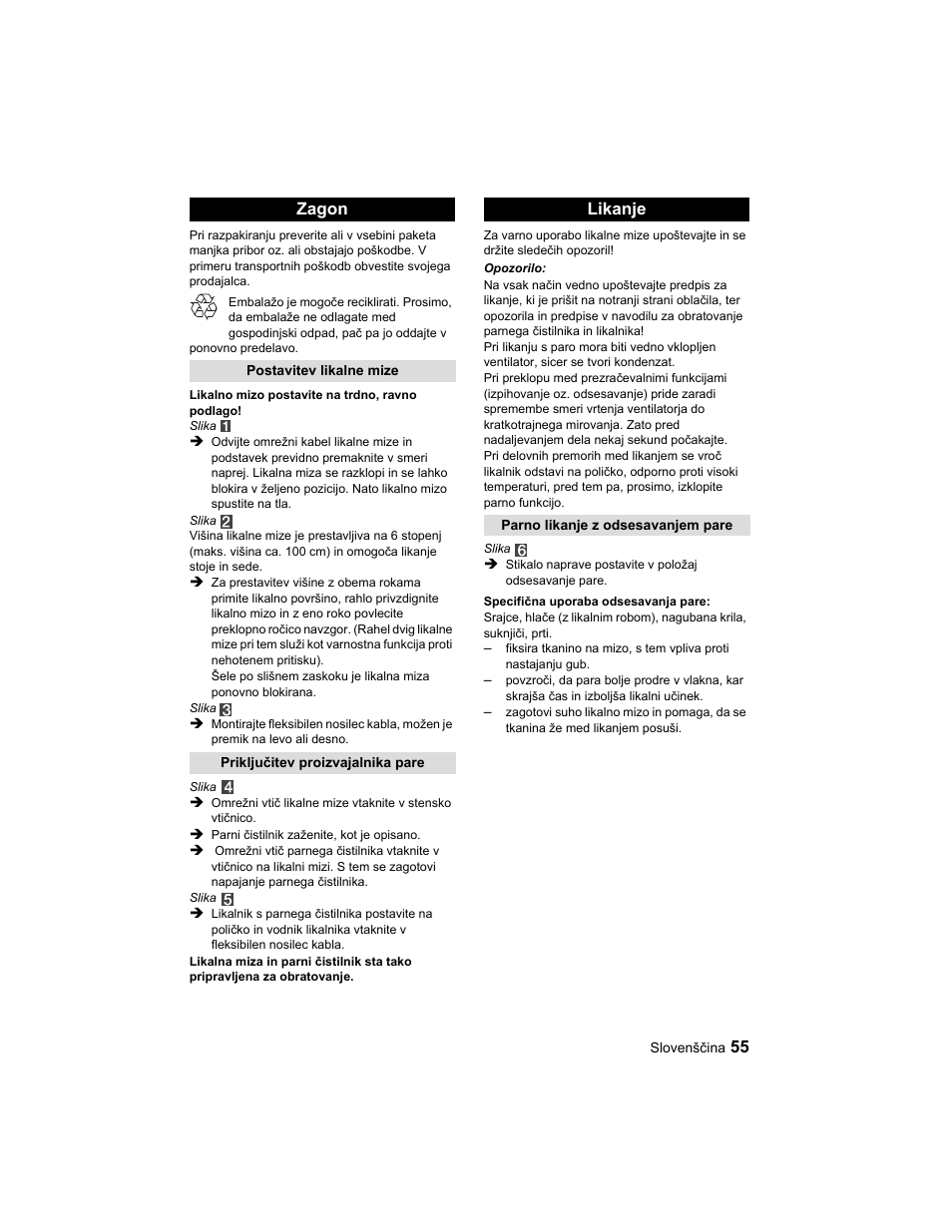 Zagon, Likanje | Karcher Parní žehlicí stanice SI 2-600 CB User Manual | Page 55 / 88