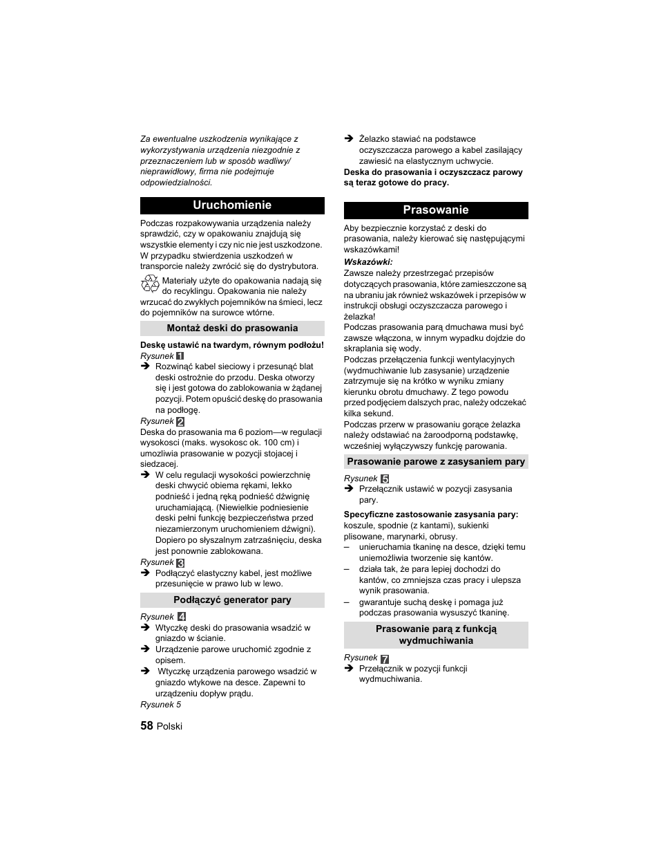 Uruchomienie, Prasowanie | Karcher Parní žehlicí stanice SI 2-600 CB User Manual | Page 58 / 88