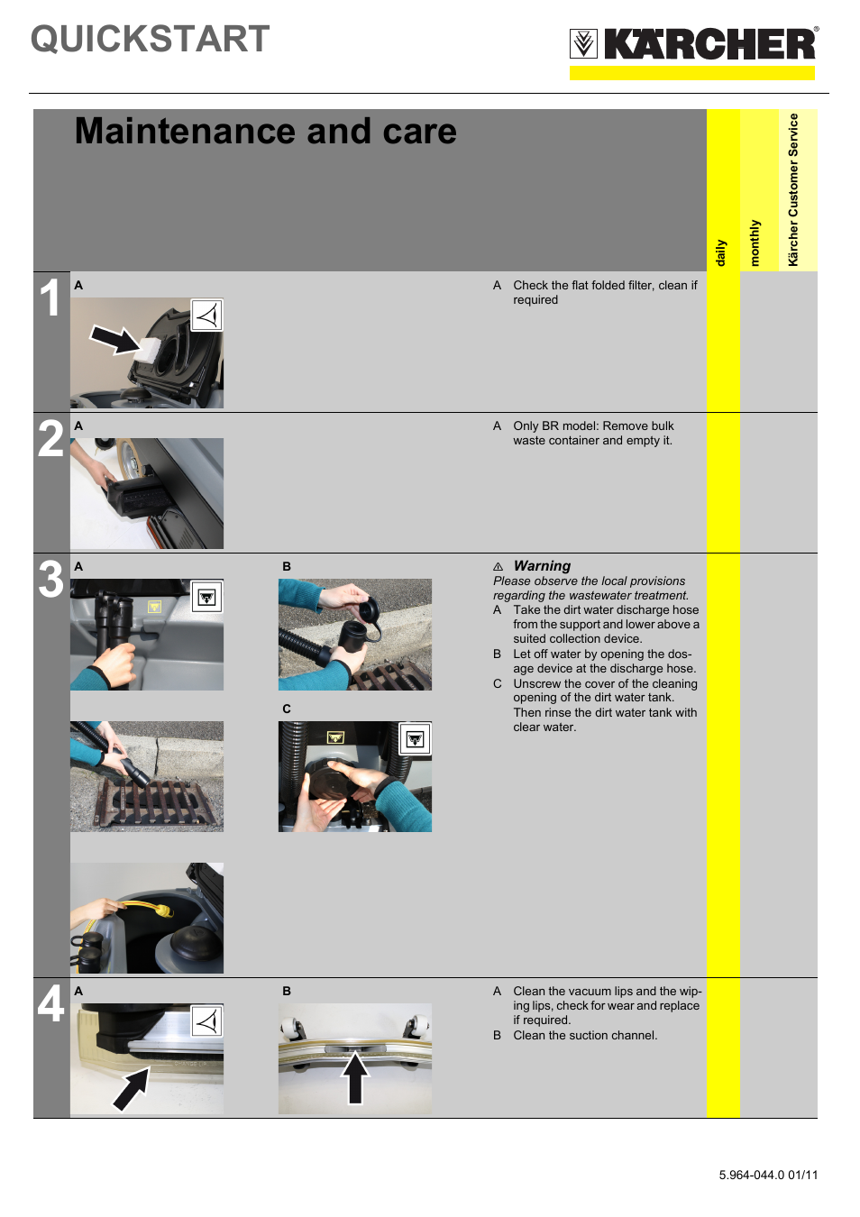 Tabelle, Tabellenkopfzeile, Tabellenreihe | Maintenance and care, Daily, Monthly, Kärcher customer service, Tabellenhaupttext, Grafik, A check the flat folded filter, clean if required | Karcher B 250 R Bp User Manual | Page 5 / 8