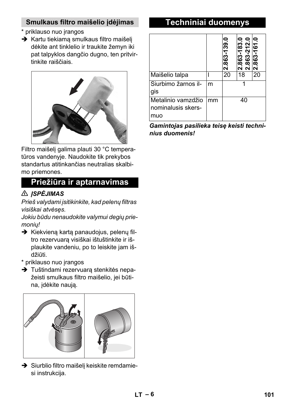 Smulkaus filtro maišelio įdėjimas, Priežiūra ir aptarnavimas, Techniniai duomenys | Priežiūra ir aptarnavimas techniniai duomenys | Karcher Filtr na hrubé nečistoty a popel Basic User Manual | Page 101 / 116