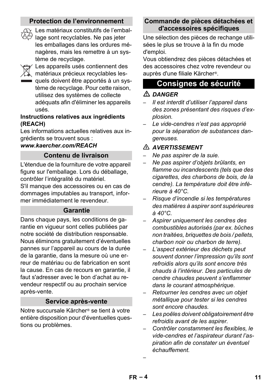 Protection de l’environnement, Contenu de livraison, Garantie | Service après-vente, Consignes de sécurité | Karcher Filtr na hrubé nečistoty a popel Basic User Manual | Page 11 / 116