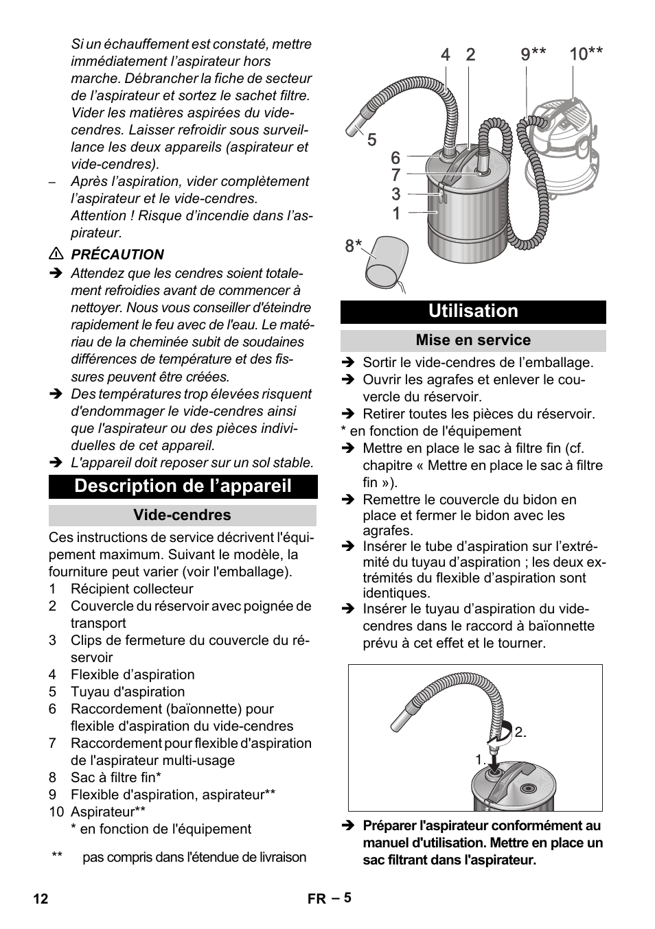 Description de l’appareil, Vide-cendres, Utilisation | Mise en service | Karcher Filtr na hrubé nečistoty a popel Basic User Manual | Page 12 / 116