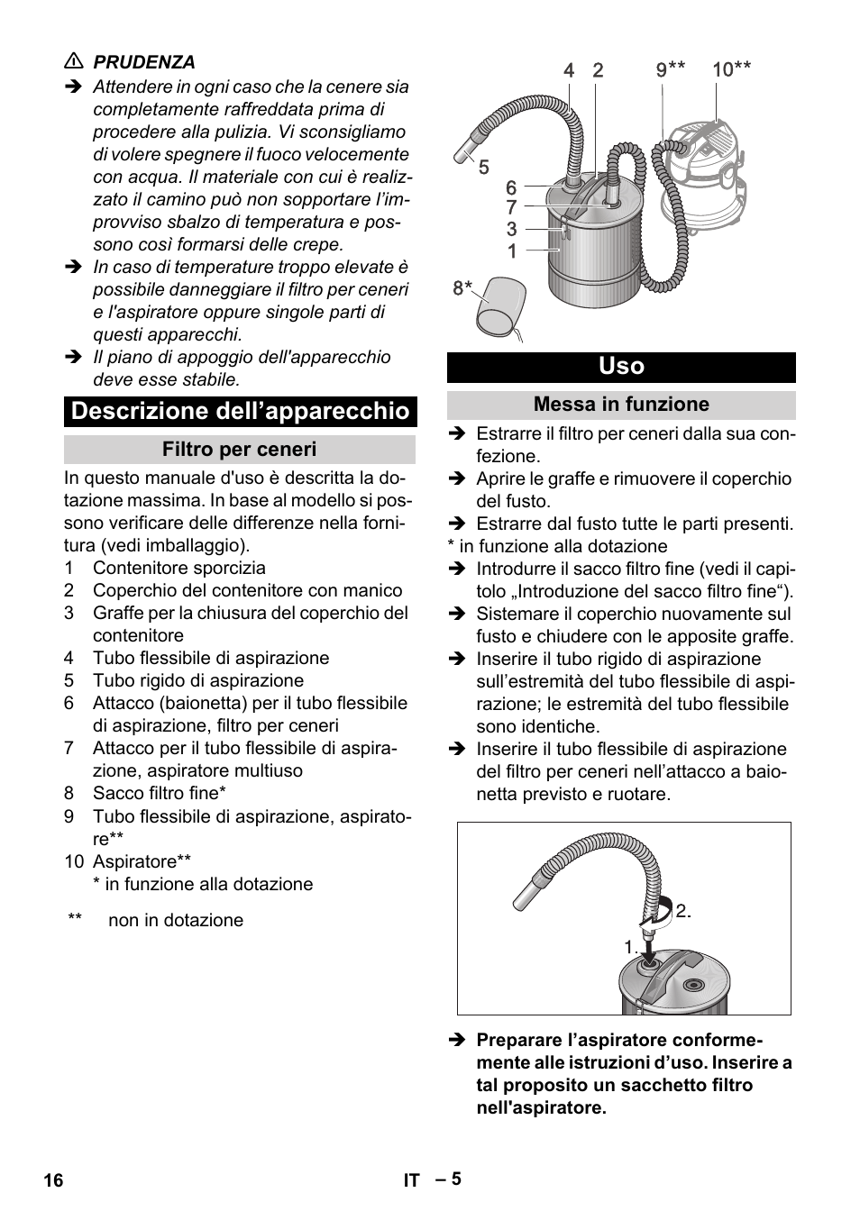 Descrizione dell’apparecchio, Filtro per ceneri, Messa in funzione | Karcher Filtr na hrubé nečistoty a popel Basic User Manual | Page 16 / 116