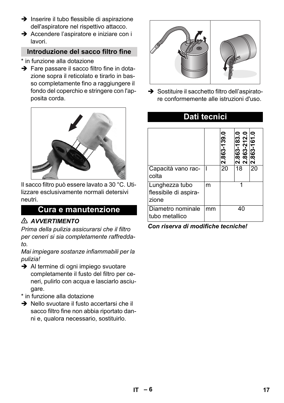 Introduzione del sacco filtro fine, Cura e manutenzione, Dati tecnici | Cura e manutenzione dati tecnici | Karcher Filtr na hrubé nečistoty a popel Basic User Manual | Page 17 / 116