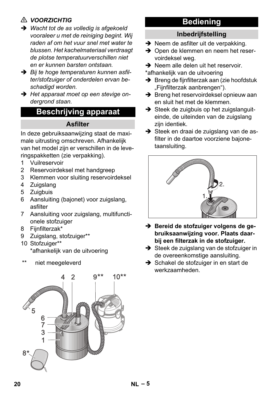 Beschrijving apparaat, Asfilter, Bediening | Inbedrijfstelling | Karcher Filtr na hrubé nečistoty a popel Basic User Manual | Page 20 / 116