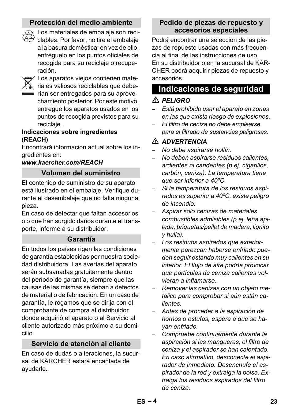 Protección del medio ambiente, Volumen del suministro, Garantía | Servicio de atención al cliente, Indicaciones de seguridad | Karcher Filtr na hrubé nečistoty a popel Basic User Manual | Page 23 / 116