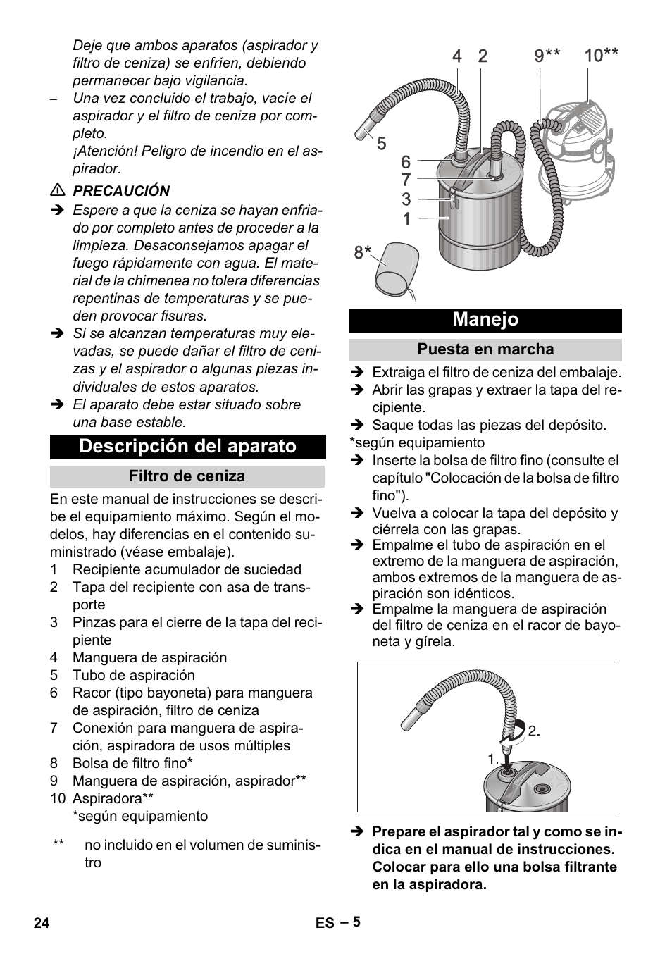 Descripción del aparato, Filtro de ceniza, Manejo | Puesta en marcha | Karcher Filtr na hrubé nečistoty a popel Basic User Manual | Page 24 / 116