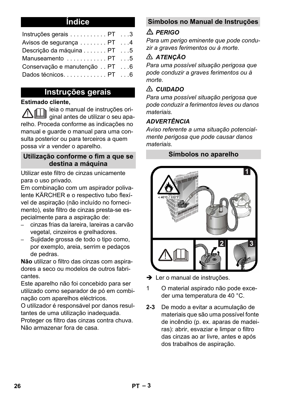 Português, Índice, Instruções gerais | Símbolos no manual de instruções, Símbolos no aparelho | Karcher Filtr na hrubé nečistoty a popel Basic User Manual | Page 26 / 116