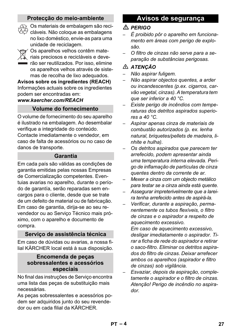 Protecção do meio-ambiente, Volume do fornecimento, Garantia | Serviço de assistência técnica, Avisos de segurança | Karcher Filtr na hrubé nečistoty a popel Basic User Manual | Page 27 / 116