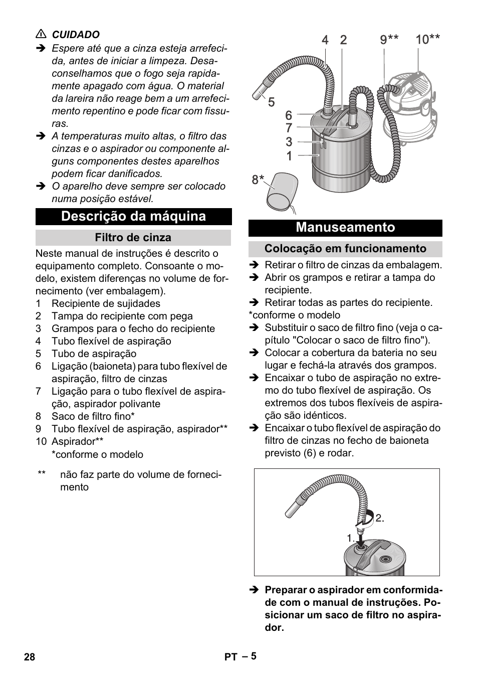 Descrição da máquina, Filtro de cinza, Manuseamento | Colocação em funcionamento | Karcher Filtr na hrubé nečistoty a popel Basic User Manual | Page 28 / 116