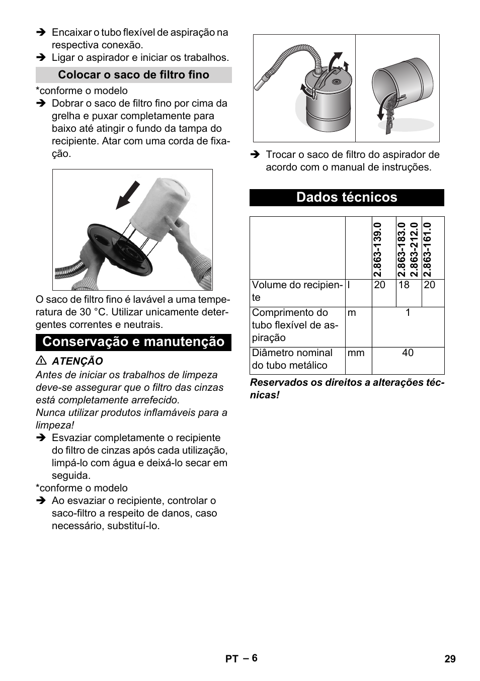 Colocar o saco de filtro fino, Conservação e manutenção, Dados técnicos | Conservação e manutenção dados técnicos | Karcher Filtr na hrubé nečistoty a popel Basic User Manual | Page 29 / 116