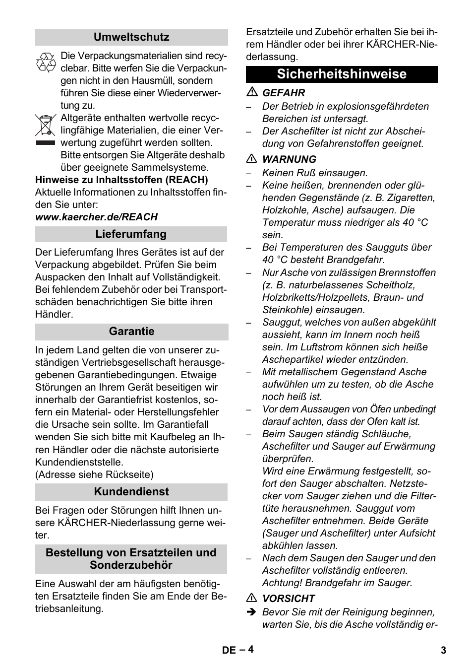 Umweltschutz, Lieferumfang, Garantie | Kundendienst, Bestellung von ersatzteilen und sonderzubehör, Sicherheitshinweise | Karcher Filtr na hrubé nečistoty a popel Basic User Manual | Page 3 / 116