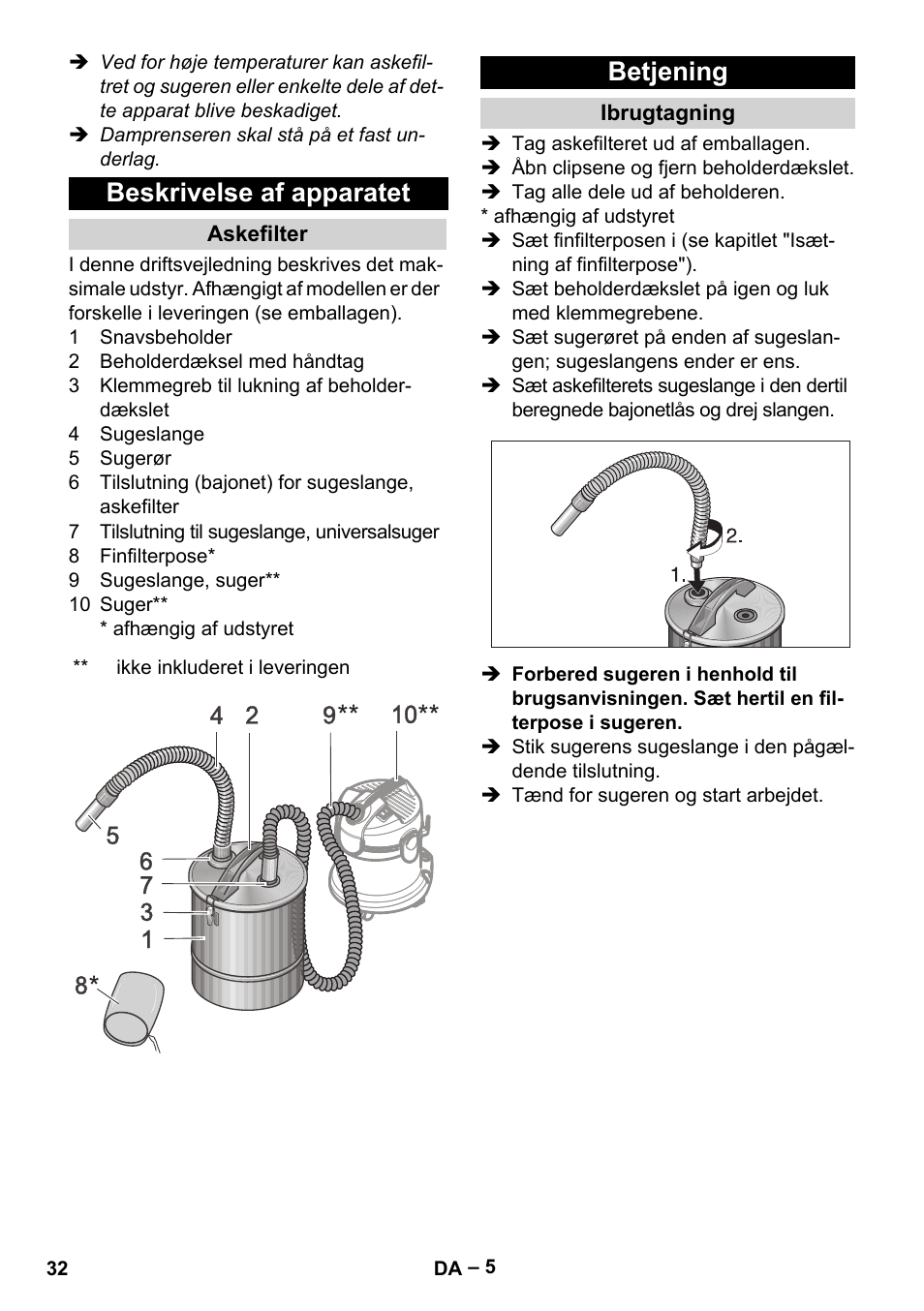 Beskrivelse af apparatet, Askefilter, Betjening | Ibrugtagning | Karcher Filtr na hrubé nečistoty a popel Basic User Manual | Page 32 / 116