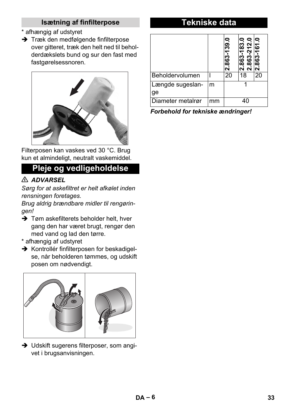 Isætning af finfilterpose, Pleje og vedligeholdelse, Tekniske data | Pleje og vedligeholdelse tekniske data | Karcher Filtr na hrubé nečistoty a popel Basic User Manual | Page 33 / 116