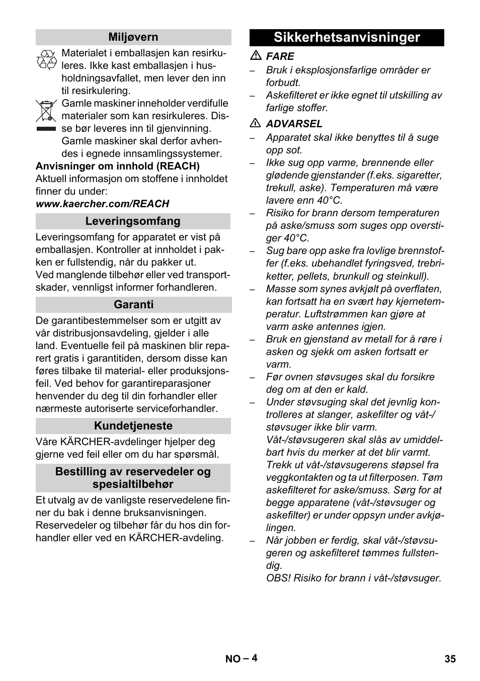 Miljøvern, Leveringsomfang, Garanti | Kundetjeneste, Bestilling av reservedeler og spesialtilbehør, Sikkerhetsanvisninger | Karcher Filtr na hrubé nečistoty a popel Basic User Manual | Page 35 / 116