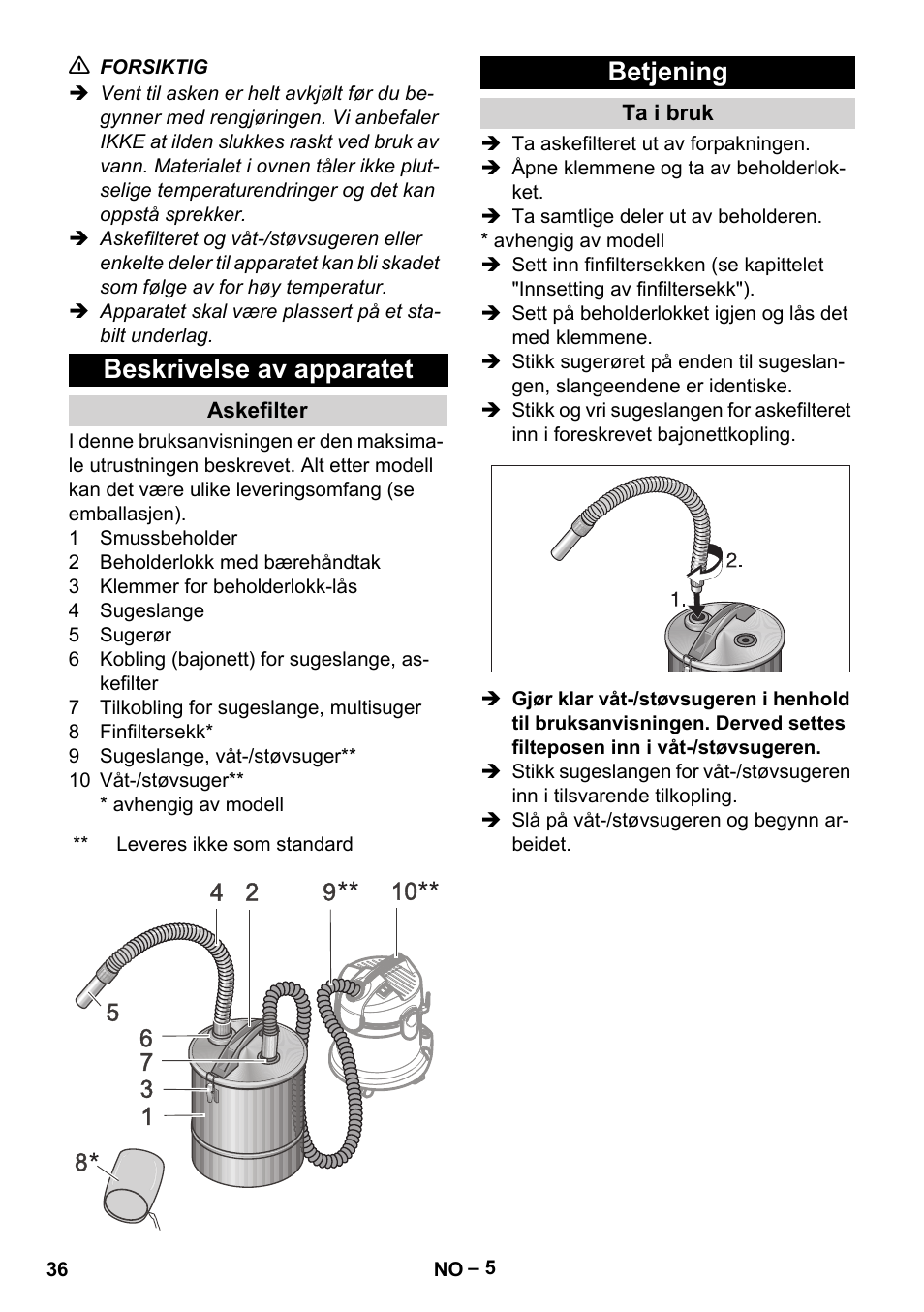 Beskrivelse av apparatet, Askefilter, Betjening | Ta i bruk | Karcher Filtr na hrubé nečistoty a popel Basic User Manual | Page 36 / 116