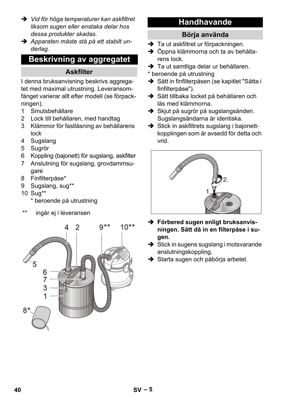 Beskrivning av aggregatet, Askfilter, Handhavande | Börja använda | Karcher Filtr na hrubé nečistoty a popel Basic User Manual | Page 40 / 116