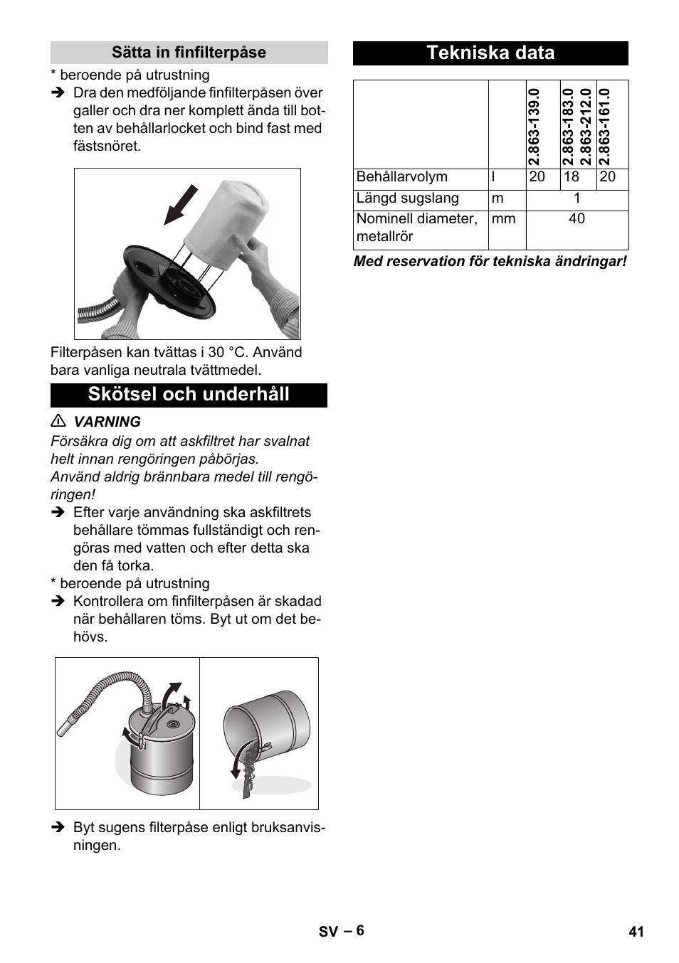 Sätta in finfilterpåse, Skötsel och underhåll, Tekniska data | Skötsel och underhåll tekniska data | Karcher Filtr na hrubé nečistoty a popel Basic User Manual | Page 41 / 116