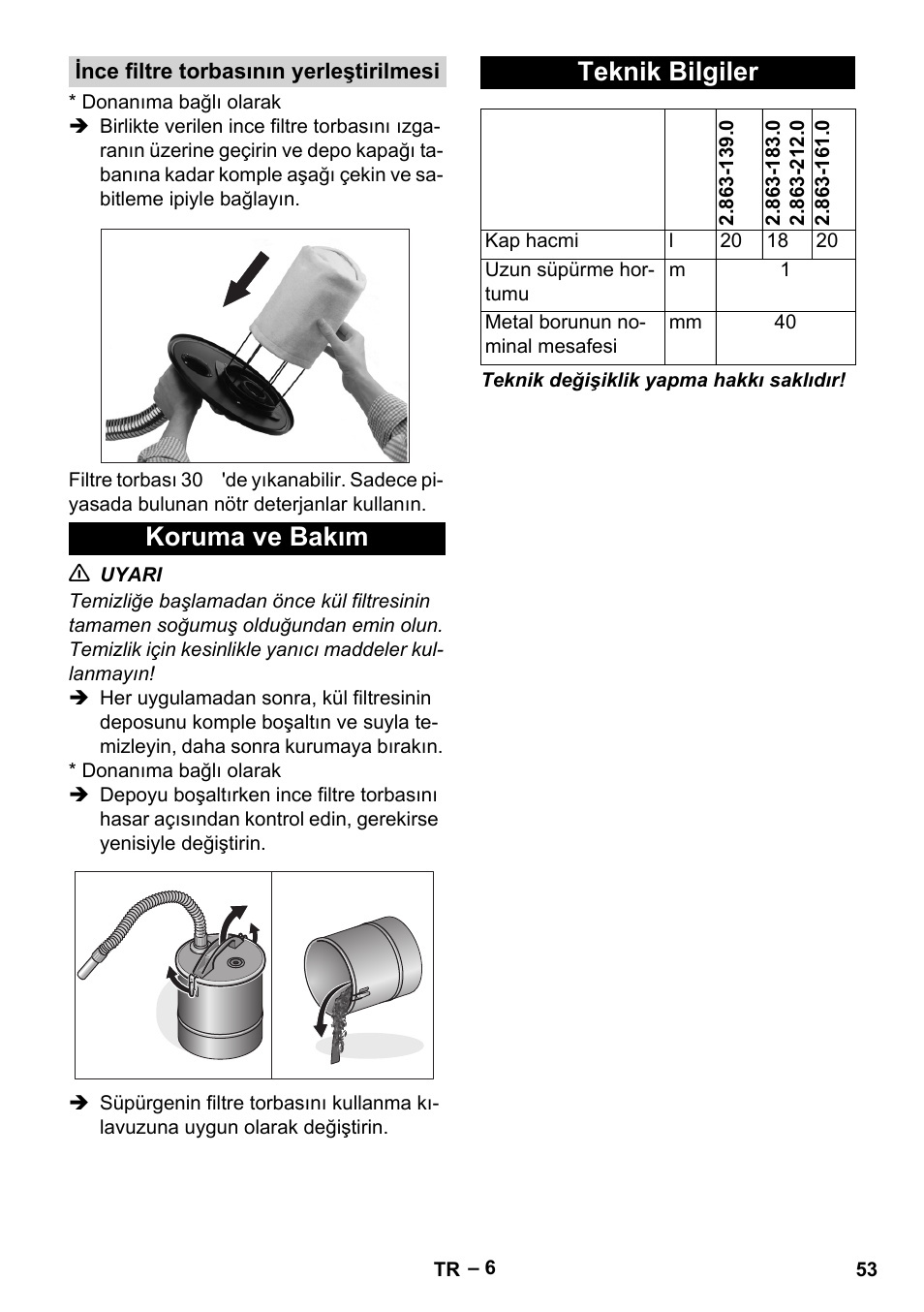 Ince filtre torbasının yerleştirilmesi, Koruma ve bakım, Teknik bilgiler | Koruma ve bakım teknik bilgiler | Karcher Filtr na hrubé nečistoty a popel Basic User Manual | Page 53 / 116