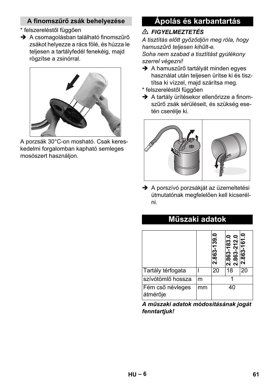 A finomszűrő zsák behelyezése, Ápolás és karbantartás, Műszaki adatok | Ápolás és karbantartás műszaki adatok | Karcher Filtr na hrubé nečistoty a popel Basic User Manual | Page 61 / 116