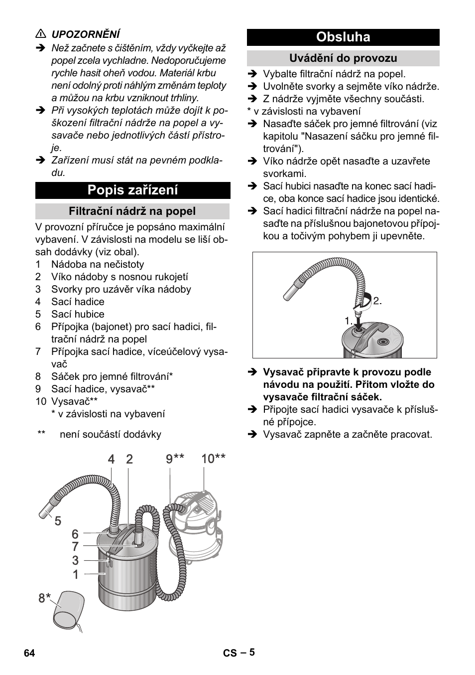 Popis zařízení, Filtrační nádrž na popel, Obsluha | Uvádění do provozu | Karcher Filtr na hrubé nečistoty a popel Basic User Manual | Page 64 / 116