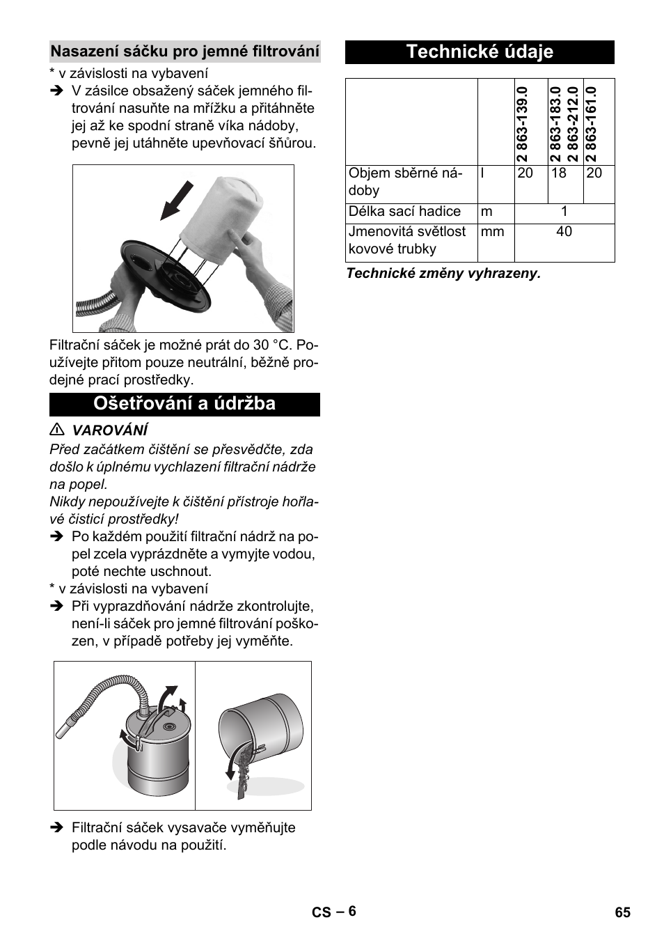 Nasazení sáčku pro jemné filtrování, Ošetřování a údržba, Technické údaje | Ošetřování a údržba technické údaje | Karcher Filtr na hrubé nečistoty a popel Basic User Manual | Page 65 / 116