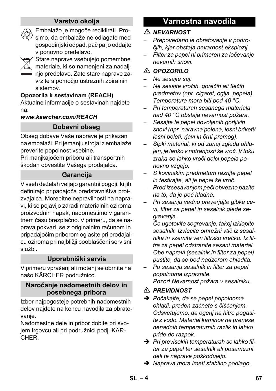 Varstvo okolja, Dobavni obseg, Garancija | Uporabniški servis, Naročanje nadomestnih delov in posebnega pribora, Varnostna navodila | Karcher Filtr na hrubé nečistoty a popel Basic User Manual | Page 67 / 116