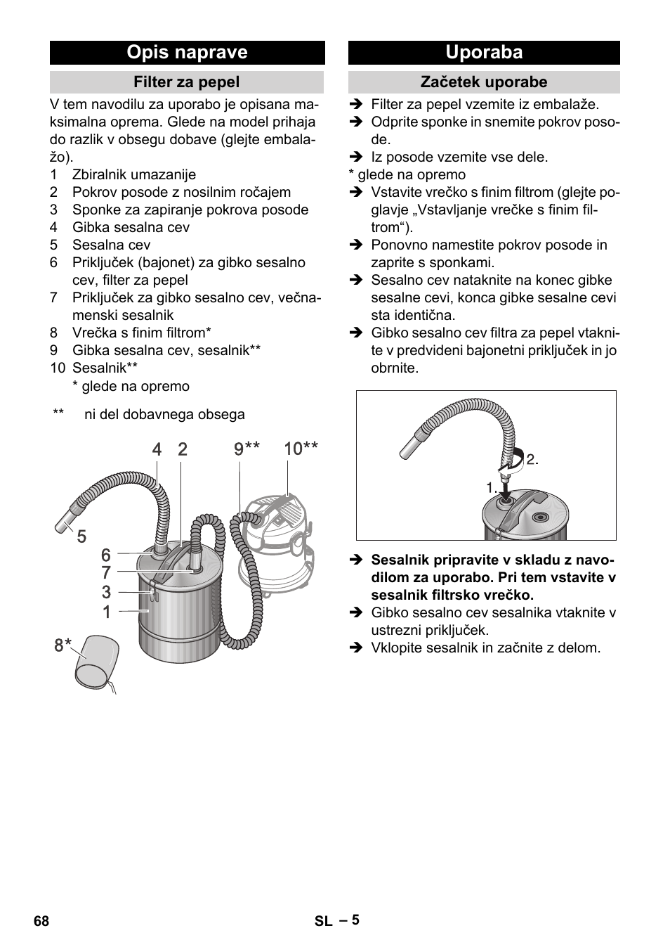 Opis naprave, Filter za pepel, Uporaba | Začetek uporabe | Karcher Filtr na hrubé nečistoty a popel Basic User Manual | Page 68 / 116