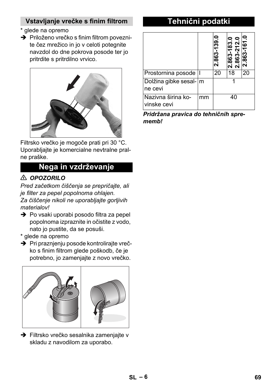 Vstavljanje vrečke s finim filtrom, Nega in vzdrževanje, Tehnični podatki | Nega in vzdrževanje tehnični podatki | Karcher Filtr na hrubé nečistoty a popel Basic User Manual | Page 69 / 116