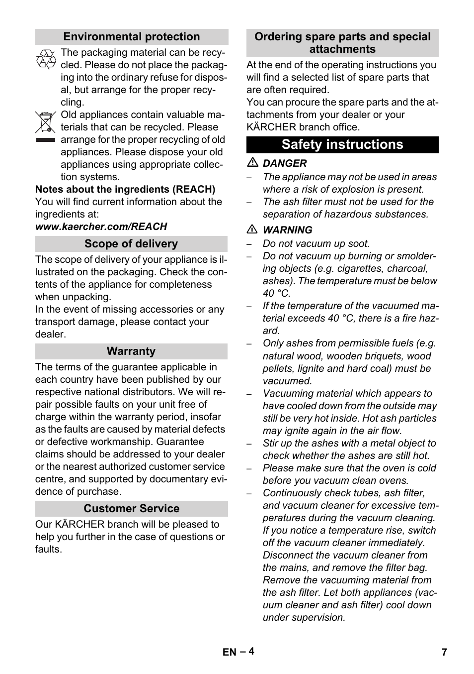 Environmental protection, Scope of delivery, Warranty | Customer service, Ordering spare parts and special attachments, Safety instructions | Karcher Filtr na hrubé nečistoty a popel Basic User Manual | Page 7 / 116