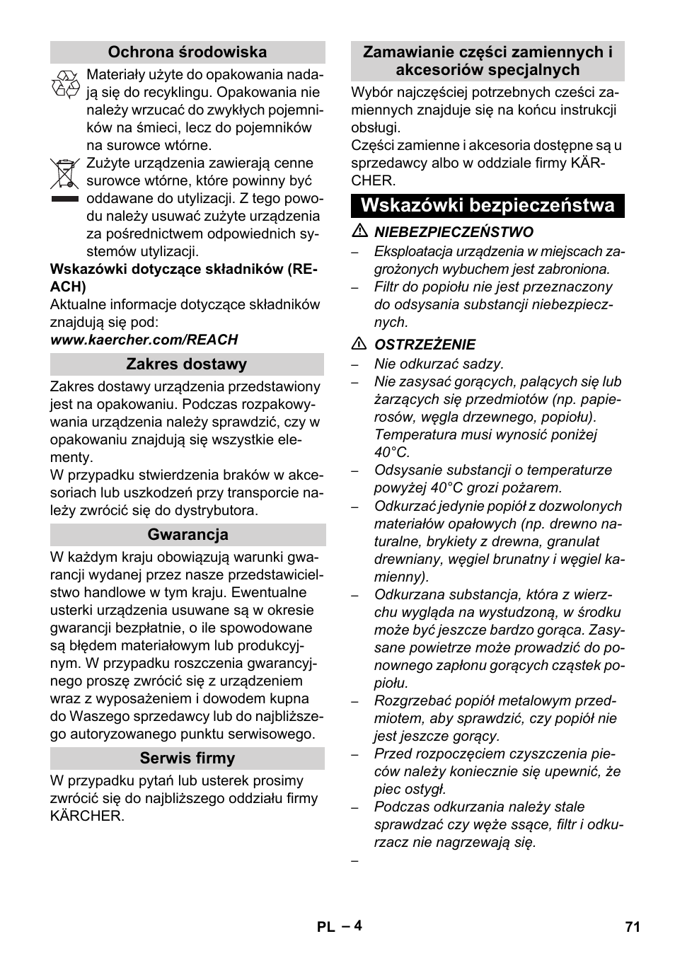 Ochrona środowiska, Zakres dostawy, Gwarancja | Serwis firmy, Wskazówki bezpieczeństwa | Karcher Filtr na hrubé nečistoty a popel Basic User Manual | Page 71 / 116