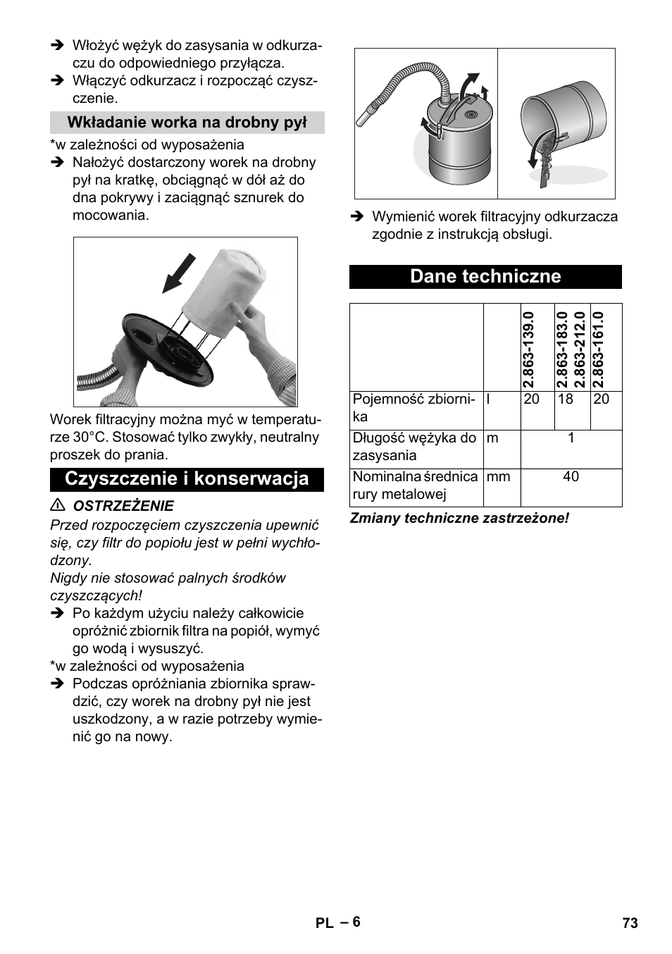 Wkładanie worka na drobny pył, Czyszczenie i konserwacja, Dane techniczne | Czyszczenie i konserwacja dane techniczne | Karcher Filtr na hrubé nečistoty a popel Basic User Manual | Page 73 / 116