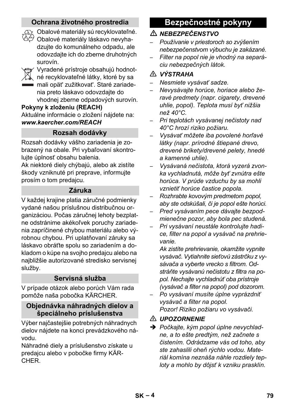 Ochrana životného prostredia, Rozsah dodávky, Záruka | Servisná služba, Bezpečnostné pokyny | Karcher Filtr na hrubé nečistoty a popel Basic User Manual | Page 79 / 116