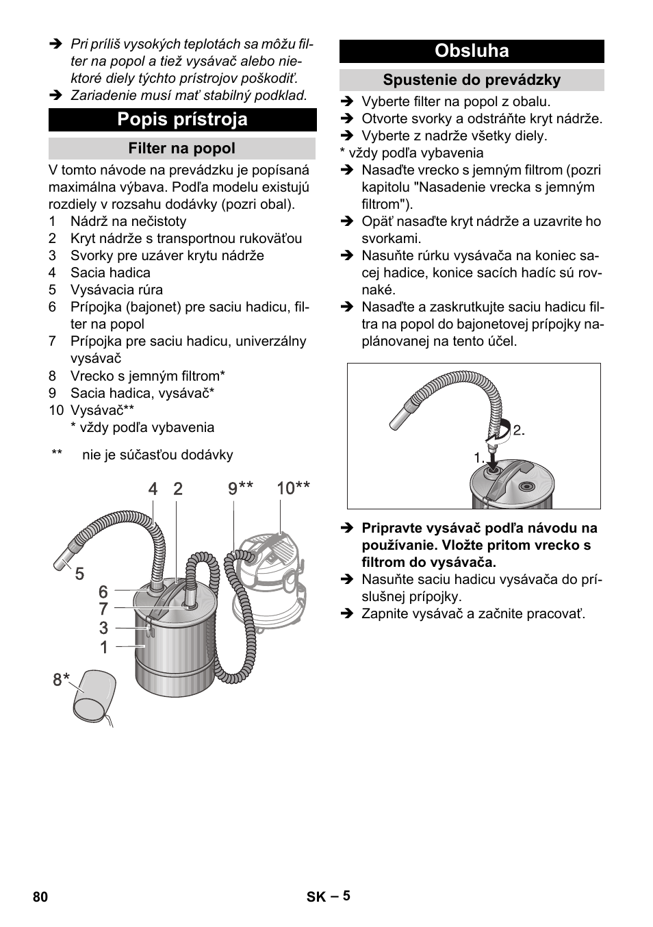 Popis prístroja, Filter na popol, Obsluha | Spustenie do prevádzky | Karcher Filtr na hrubé nečistoty a popel Basic User Manual | Page 80 / 116