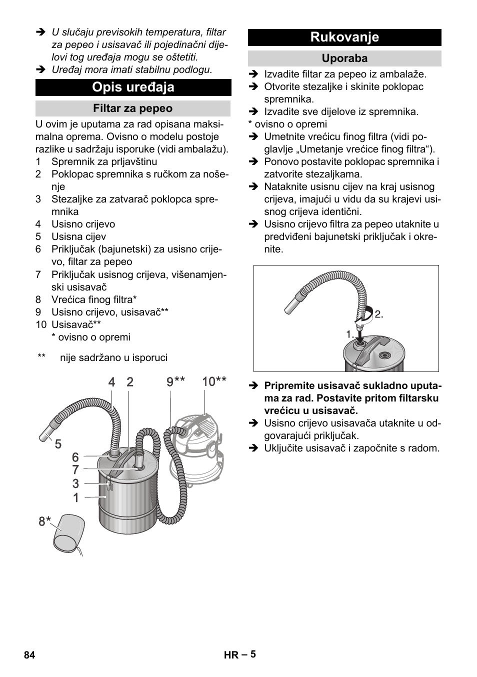 Opis uređaja, Filtar za pepeo, Rukovanje | Uporaba | Karcher Filtr na hrubé nečistoty a popel Basic User Manual | Page 84 / 116