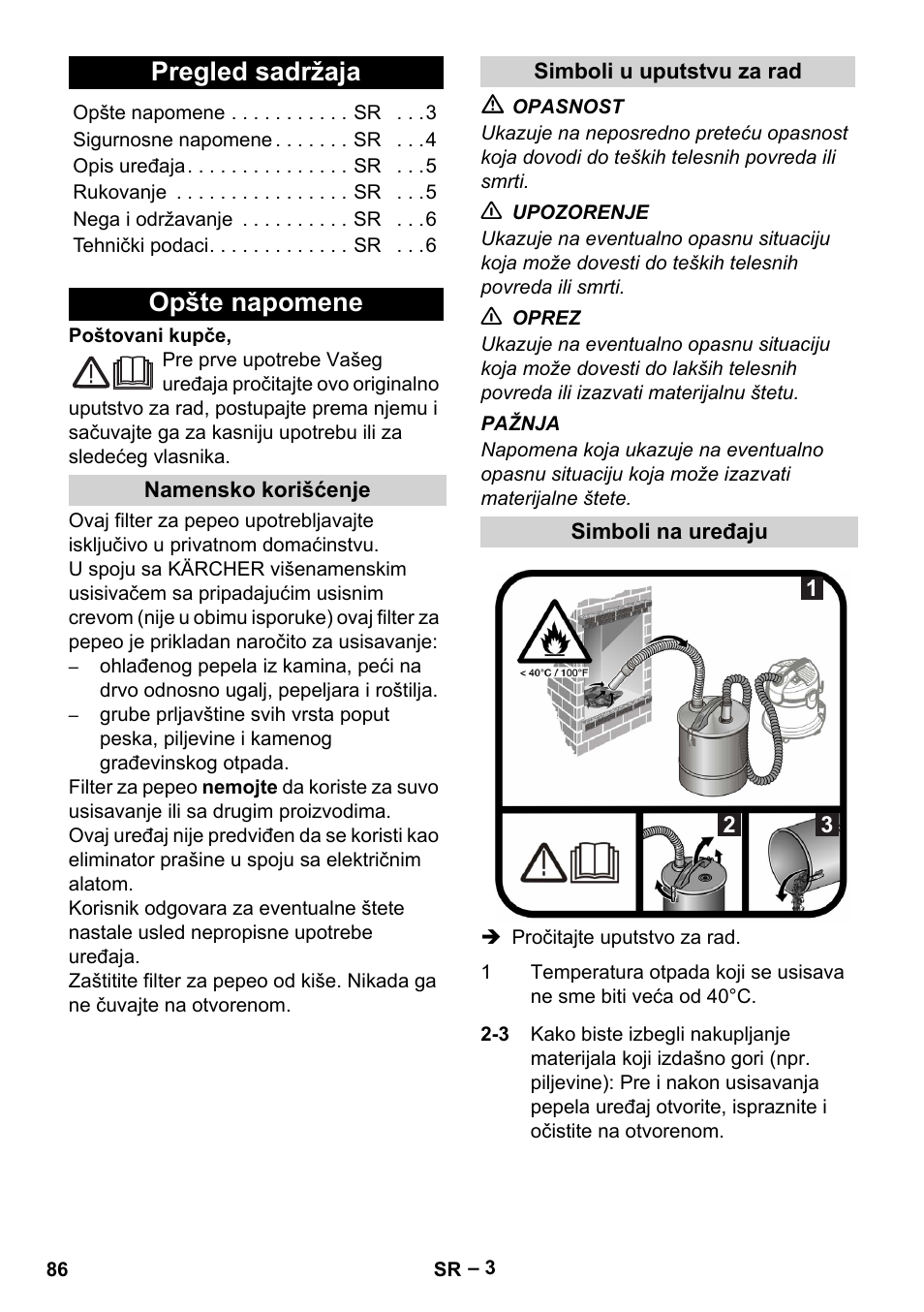 Srpski, Pregled sadržaja, Opšte napomene | Namensko korišćenje, Simboli u uputstvu za rad, Simboli na uređaju | Karcher Filtr na hrubé nečistoty a popel Basic User Manual | Page 86 / 116