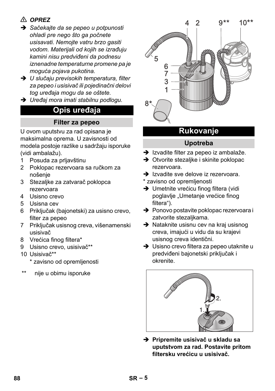 Opis uređaja, Filter za pepeo, Rukovanje | Upotreba | Karcher Filtr na hrubé nečistoty a popel Basic User Manual | Page 88 / 116