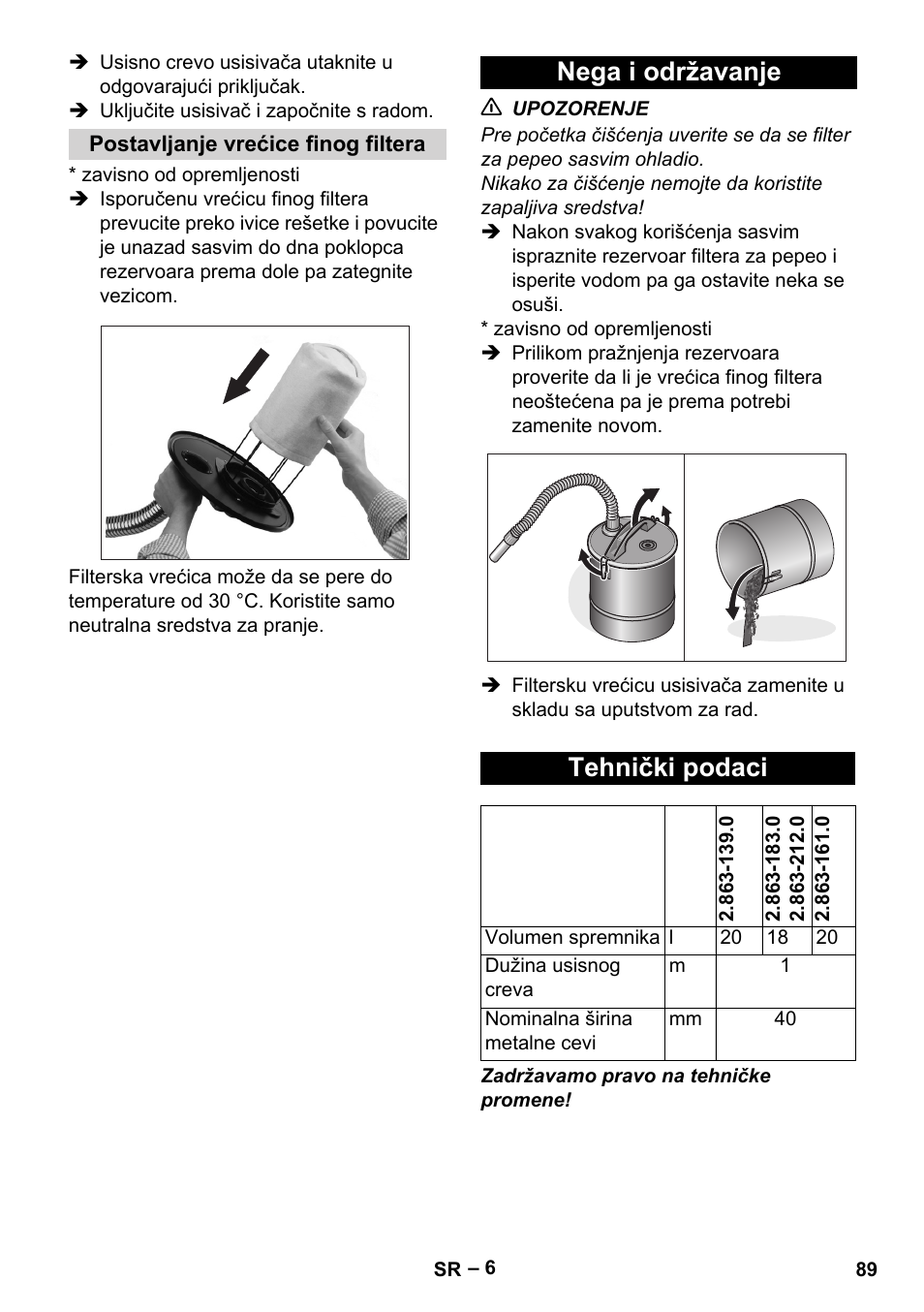 Postavljanje vrećice finog filtera, Nega i održavanje, Tehnički podaci | Nega i održavanje tehnički podaci | Karcher Filtr na hrubé nečistoty a popel Basic User Manual | Page 89 / 116