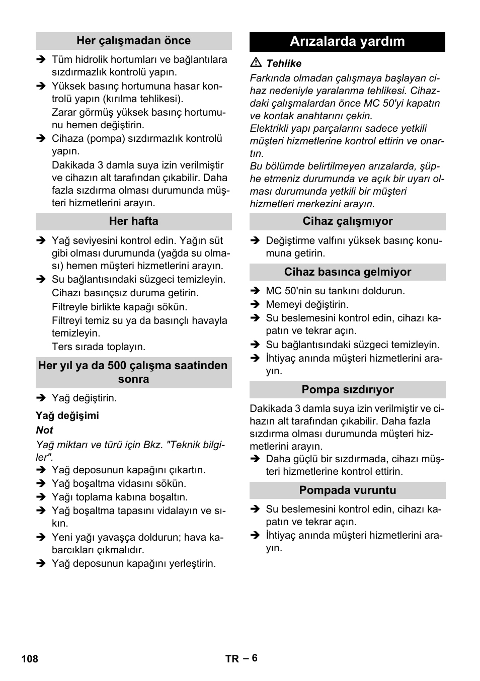 Arızalarda yardım | Karcher MIC 34C User Manual | Page 108 / 172