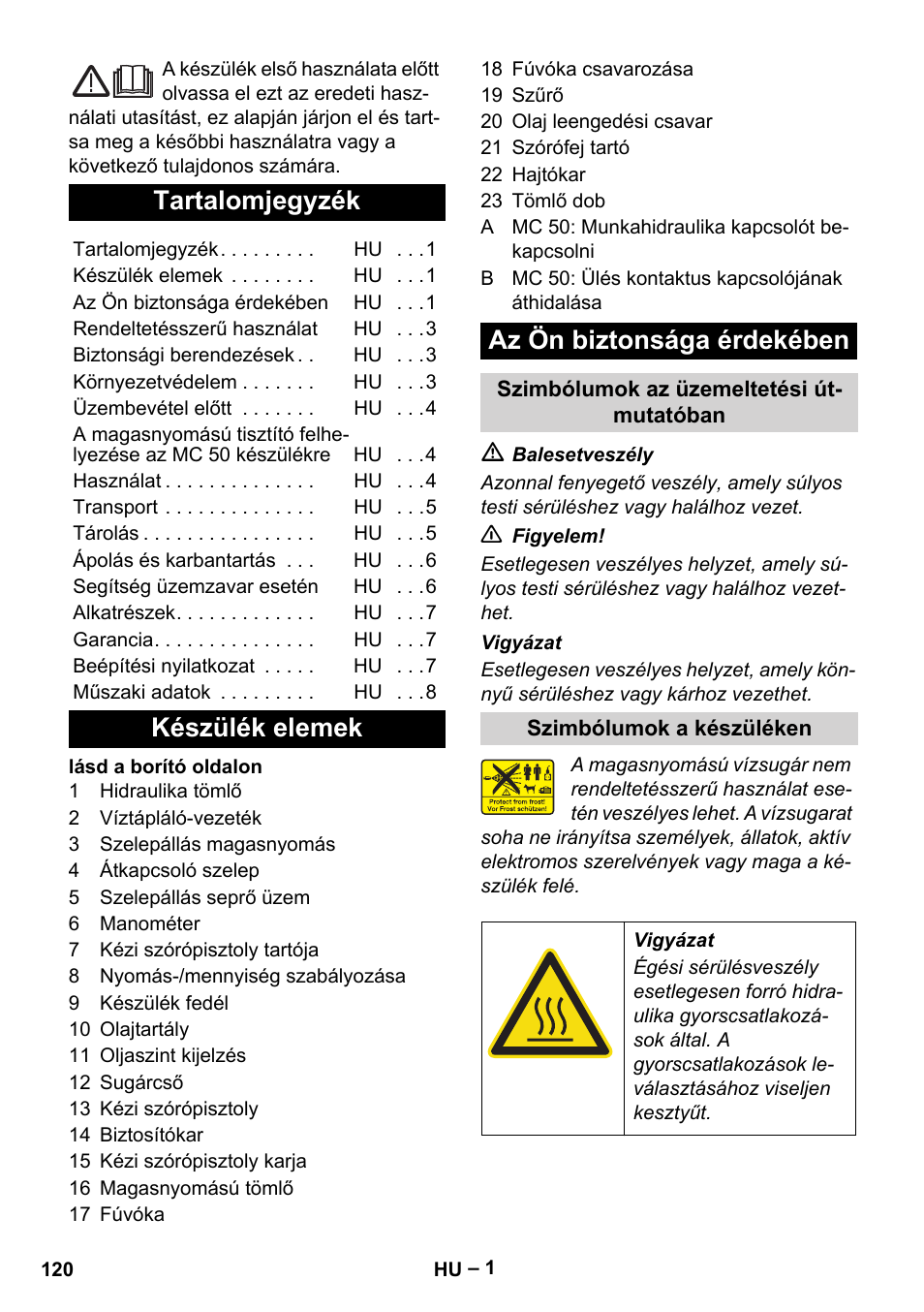 Magyar, Tartalomjegyzék, Készülék elemek az ön biztonsága érdekében | Karcher MIC 34C User Manual | Page 120 / 172