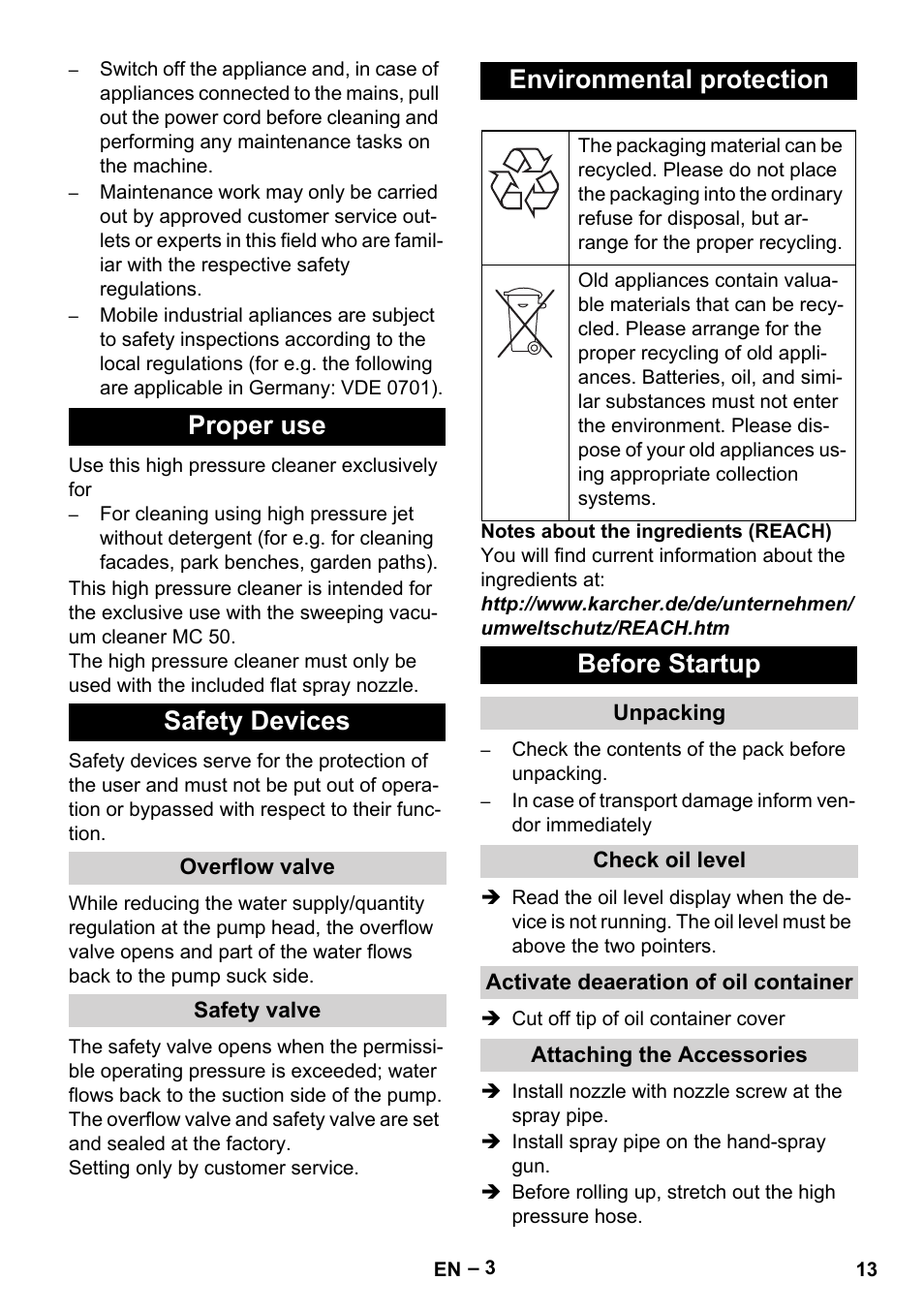 Proper use safety devices, Environmental protection, Before startup | Karcher MIC 34C User Manual | Page 13 / 172