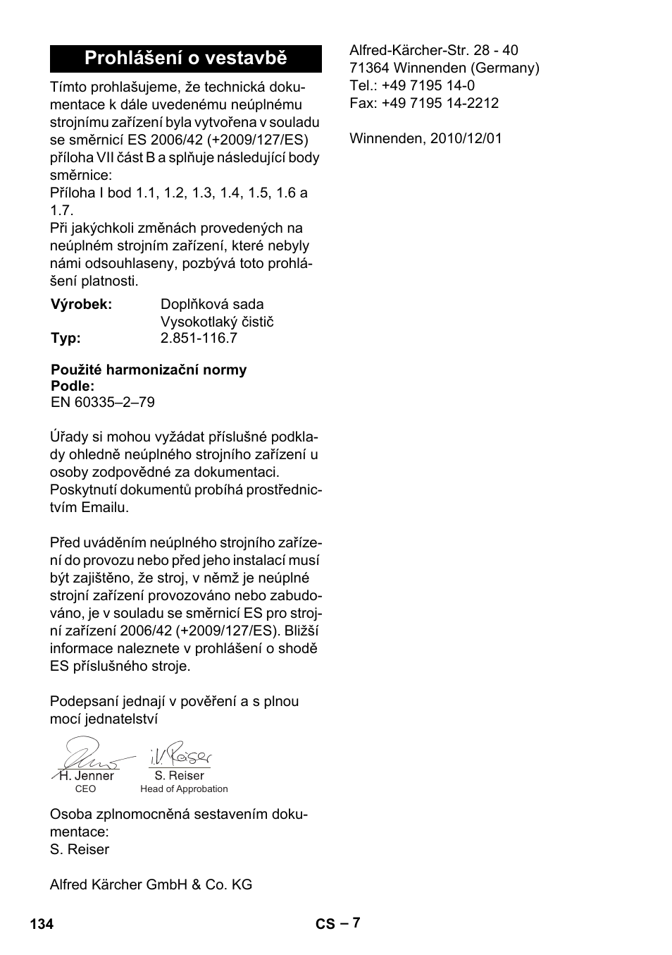 Prohlášení o vestavbě | Karcher MIC 34C User Manual | Page 134 / 172