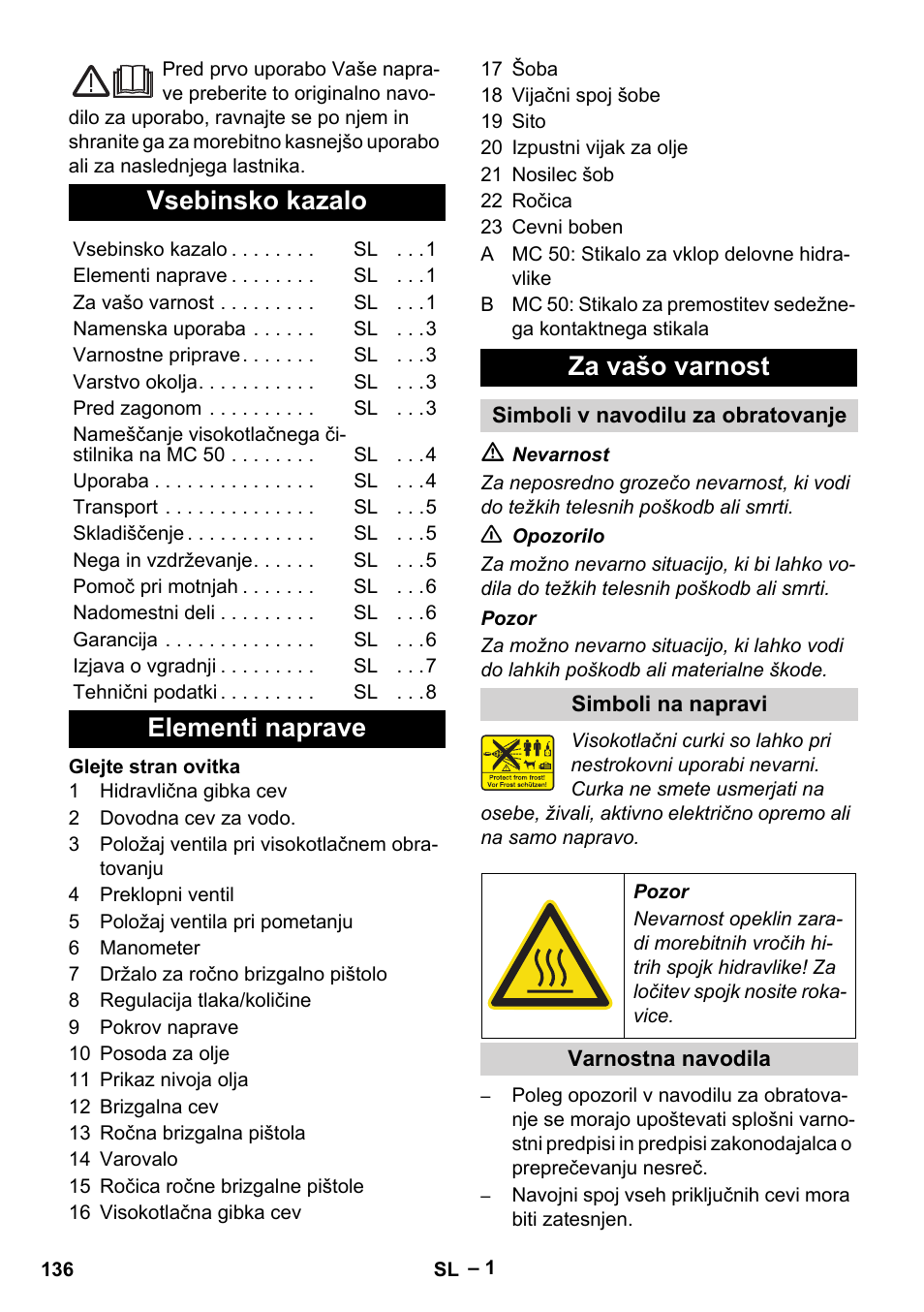 Slovenščina, Slovenšina, Vsebinsko kazalo | Elementi naprave za vašo varnost | Karcher MIC 34C User Manual | Page 136 / 172