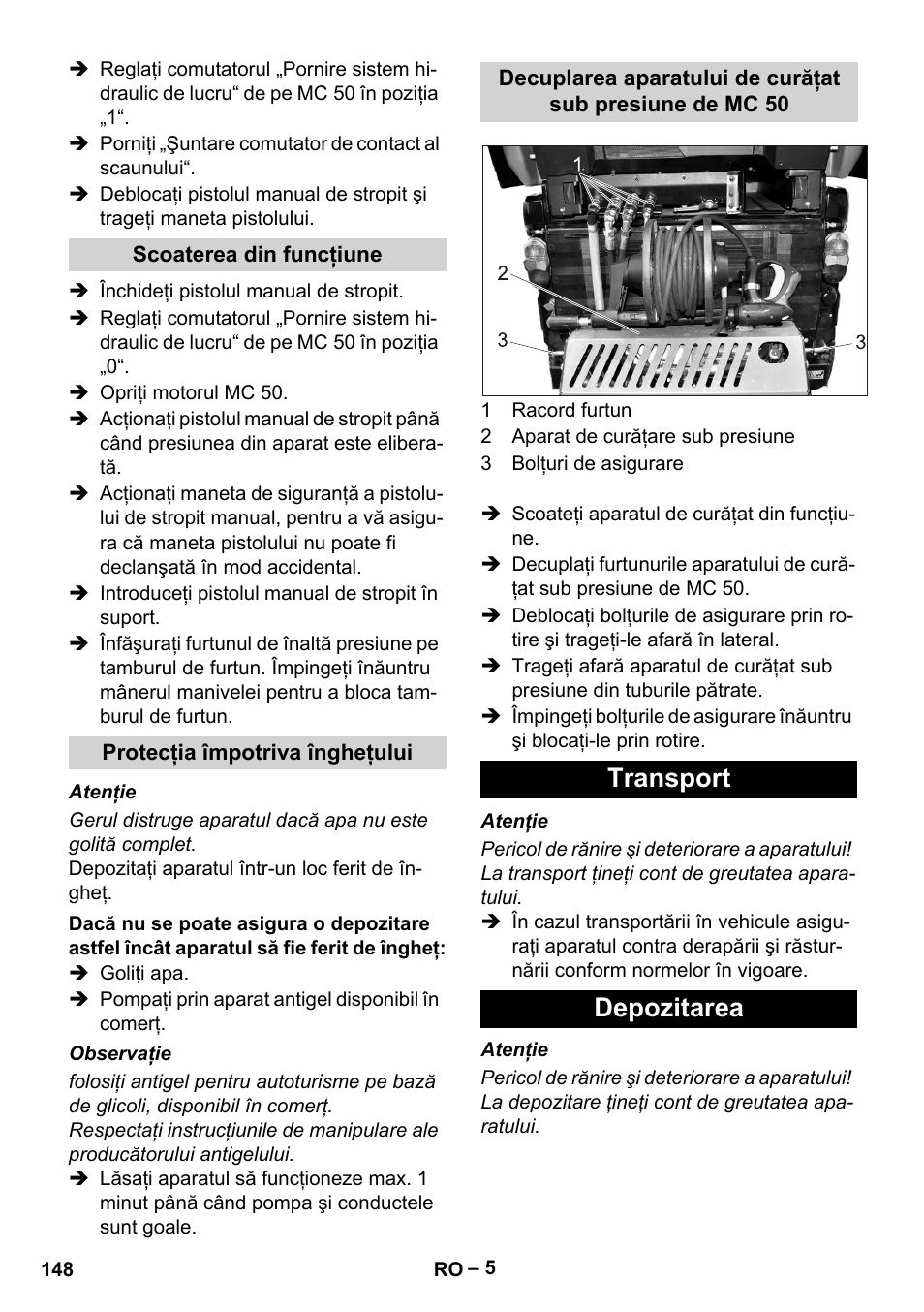 Transport depozitarea | Karcher MIC 34C User Manual | Page 148 / 172