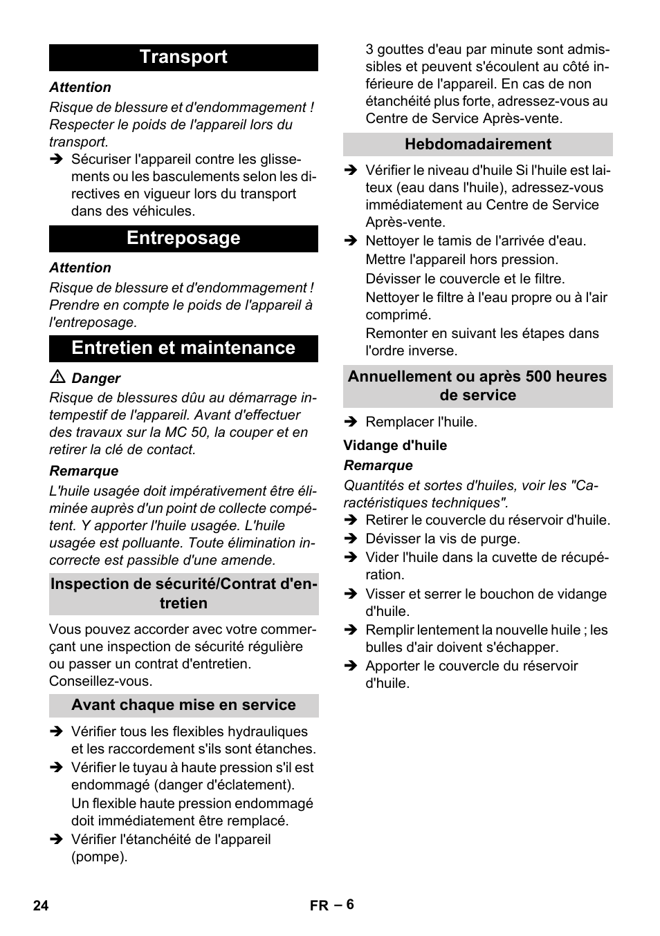 Transport entreposage entretien et maintenance | Karcher MIC 34C User Manual | Page 24 / 172