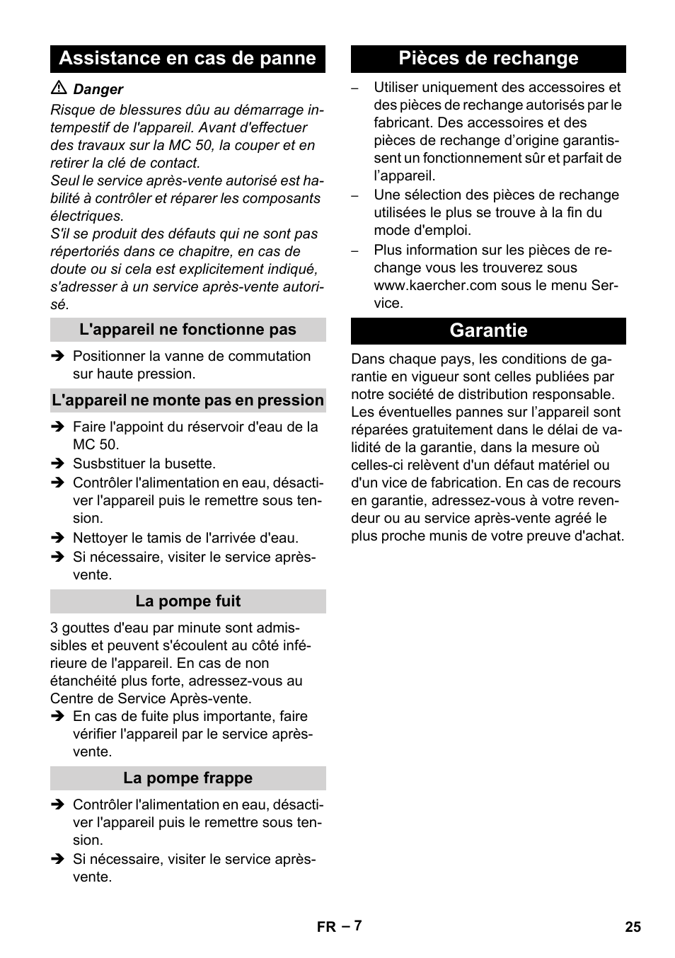 Assistance en cas de panne, Pièces de rechange garantie | Karcher MIC 34C User Manual | Page 25 / 172