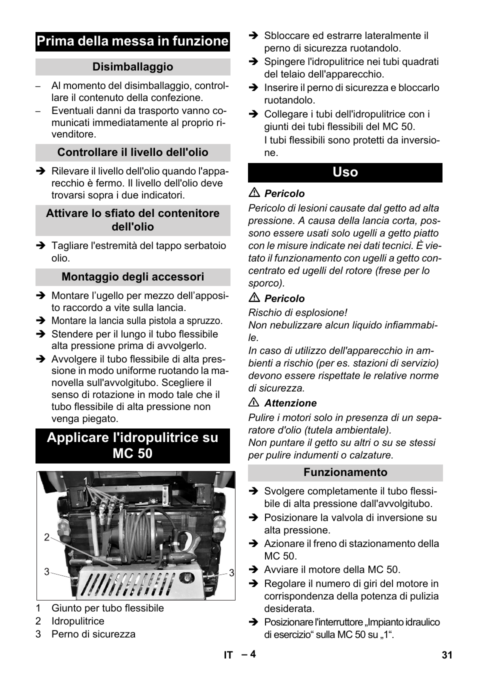 Prima della messa in funzione, Applicare l'idropulitrice su mc 50 uso | Karcher MIC 34C User Manual | Page 31 / 172