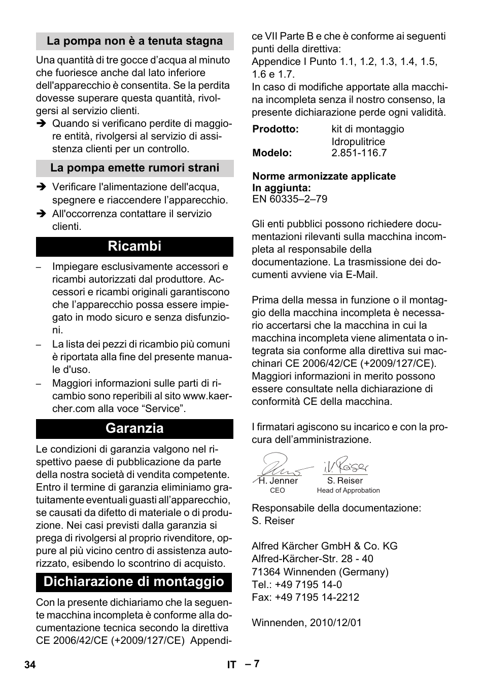 Ricambi garanzia dichiarazione di montaggio | Karcher MIC 34C User Manual | Page 34 / 172