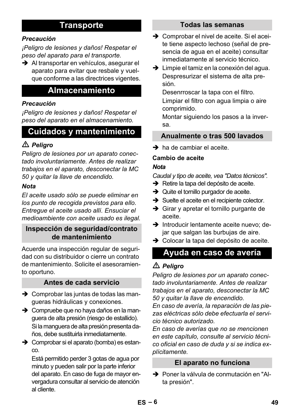 Transporte almacenamiento cuidados y mantenimiento, Ayuda en caso de avería | Karcher MIC 34C User Manual | Page 49 / 172